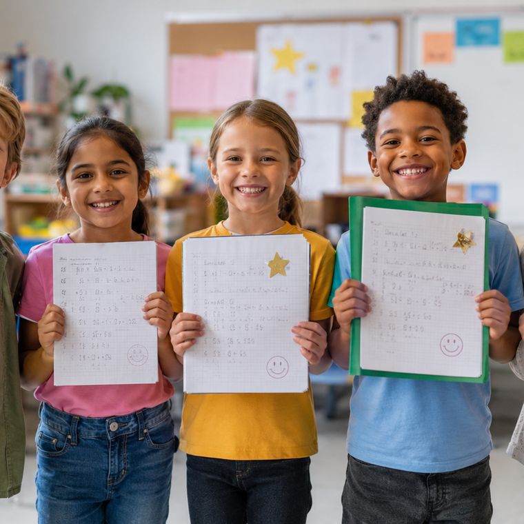 Grundschulkinder zeigen ihre Arbeitsblätter